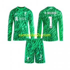Camisolas de futebol Liverpool Alisson Becker 1 Guarda Redes Criança Equipamento Alternativa 2024/25 Manga Comprida
